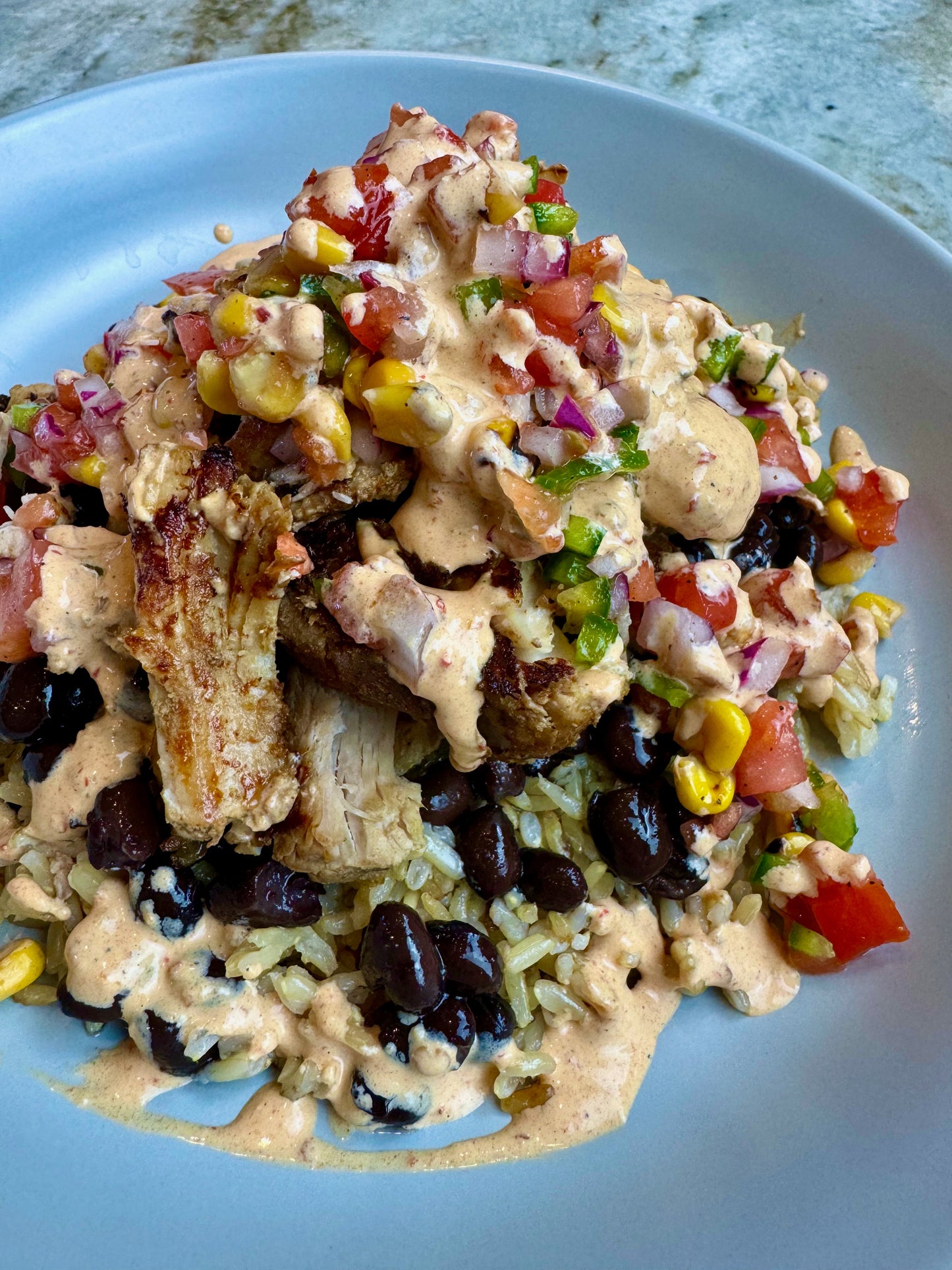 Pork Carnitas Bowl with Fresh Corn Salsa & Chipotle Crema (GF)