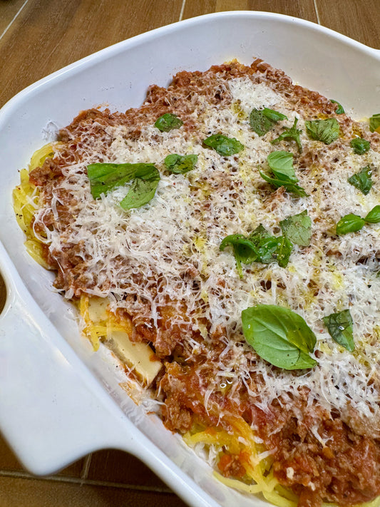 Spaghetti Squash Bolognese with grass-fed beef (GF)